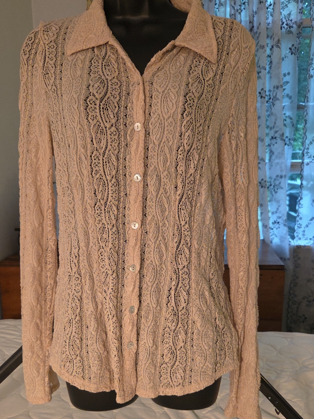 Sheer Lace Button-Down Shirt in Light Tan